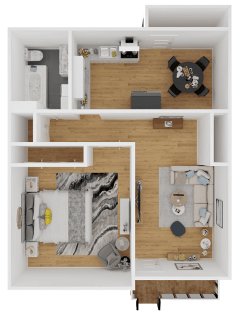 a rendering of a 1 bedroom floor plan with a bathroom and a living room